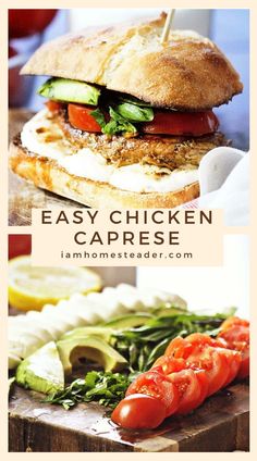 an easy chicken caprese sandwich with tomatoes, cucumbers and lettuce