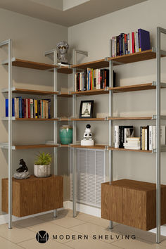 a bookshelf filled with lots of books in a room