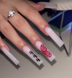 222 Angel Number Acrylic Nails, 777 On Nails, Nails That Have Initials, 444 Nails Acrylic, Angel Number Acrylic Nails, Square Acrylic Nails With Initial, Baddie Nails With Initials, White And Red Nails Acrylic, Dollar Sign Nails