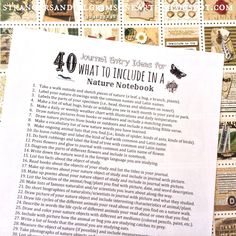 a sheet of paper sitting on top of a table covered in pictures and information about what to include in a nature notebook