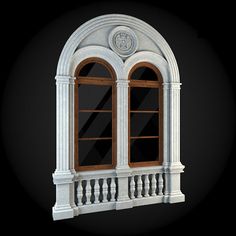 an arch window with wooden shutters and balconies on a black background 3d rendering