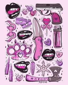 a bunch of different items that are on a pink background