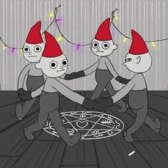 three little gnomes are dancing on the floor with string lights in the room behind them