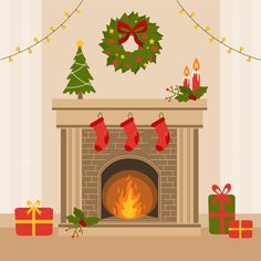 a christmas fireplace with stockings and presents around it