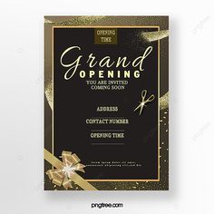 a black and gold grand opening party flyer with golden ribbon on the corner, in front of