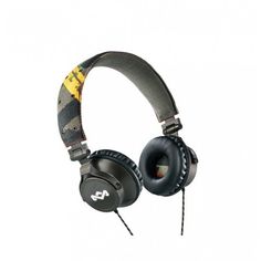 a pair of headphones that are black and grey with a yellow design on the side