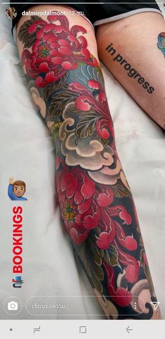 a woman's leg covered in tattoos with flowers on it