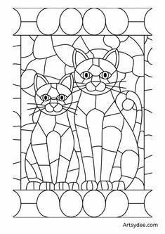 a stained glass window with two cats sitting on the windowsill, one looking at the viewer