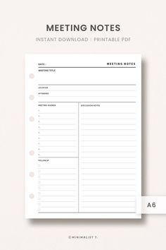 A6 Inserts, Meeting Notes Planner Printable Meeting Management, School Tricks, Meeting Notes Template, Meeting Minutes, Planner Minimal, Homework Planner, Meeting Agenda Template, Goals Template, Meeting Agenda