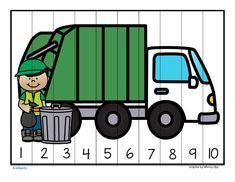 a green garbage truck with a boy next to it and numbers on the side,