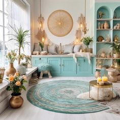 a living room filled with lots of furniture and decor on top of a blue rug