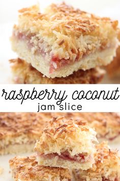 raspberry coconut jam slice is stacked on top of each other