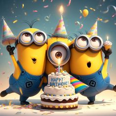 three minion characters celebrating a birthday with cake and confetti