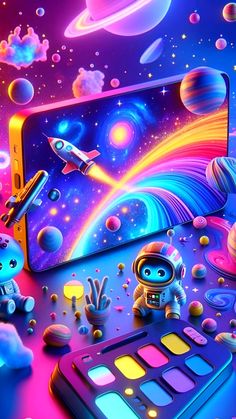 an image of a colorful space scene with a phone and other items on the table