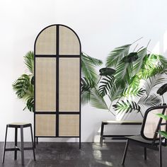 two chairs and a table with plants on the wall next to them in front of a white wall