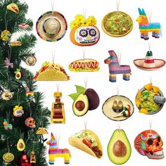 a christmas tree decorated with mexican food and decorations