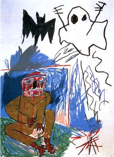 a child's drawing of a man with goggles on sitting in front of a mirror