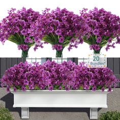 purple flowers in white planters with the words amazon product above them and below it