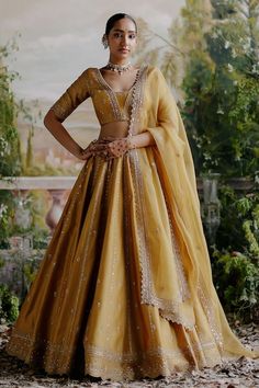 Buy Jigar Mali Yellow Chanderi Floral Embroidered Lehenga Set Online | Aza Fashions Chaniya Choli Designs, Simple Lehenga, Latest Bridal Lehenga, Raw Silk Lehenga, Indian Outfits Lehenga, Lehenga Designs Simple, Indian Bride Outfits, Choli Designs