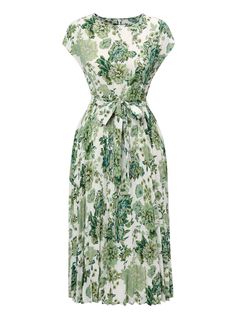 Green 1940s Floral Tie Belt Dress 1940s Floral Dress, Classic Dress Vintage Classy, Coctel Dress, Best Dress For Girl, High Waist Dresses, 1940s Fashion Dresses, Tie Belt Dress, Retro Stage, Vintage Attire