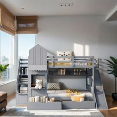 a bunk bed with a couch underneath it next to a window in a living room