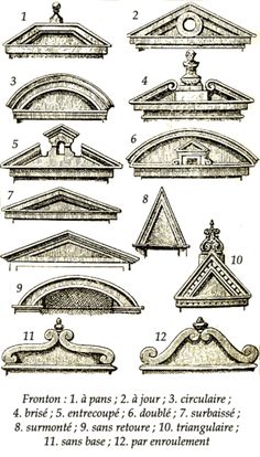 an old drawing shows different types of architectural details, including the top and bottom part