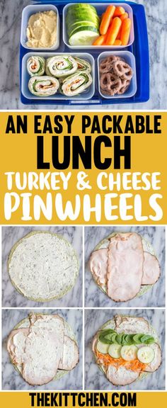 an easy packable lunch for turkey and cheese pinwheels with text overlay