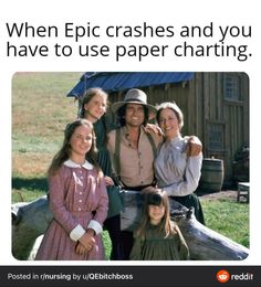 a group of people standing next to each other in front of a wooden structure with text that reads, when epic crashes and you have to use paper charing