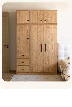 a large wooden cabinet in a bedroom next to a bed