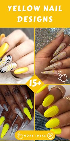 yellow nail designs with white and black accents on the top, bottom and bottom half of each