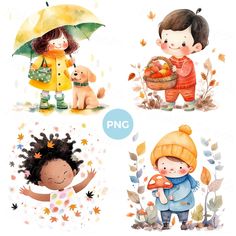 four children with umbrellas in the autumn and fall leaves, one holding an orange