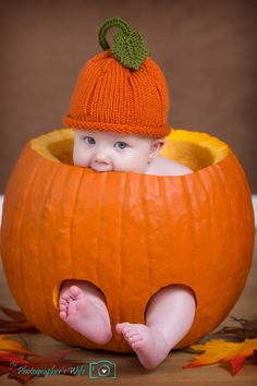 three pictures of babies in pumpkin costumes and one is on a toy truck, the other has an orange pumpkin