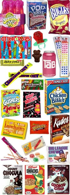 many different types of candy are shown in this collage, including cookies and other snacks