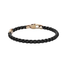 This box chain bracelet adds distinctive style to your best looks. Black ion-plated solid stainless steel Yellow ion-plated accent link and closure 8 inches; lobster clasp Mens Gemstone Rings, Fan Jewelry, Stackable Rings Silver, Boys Jewelry, Looks Black, Bracelet Black, Teenage Boys, Diamond Shop, Accessories Jewelry Necklace