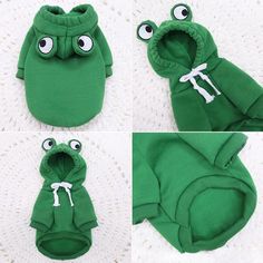 three pictures of a green frog hoodie with googly eyes