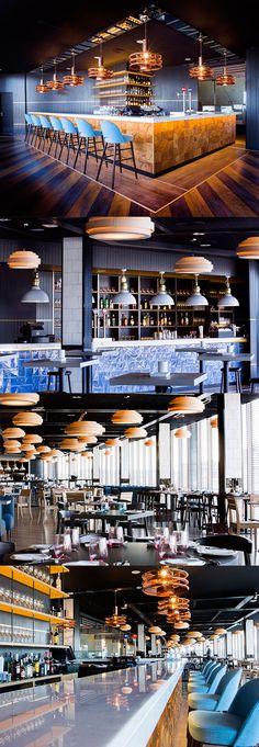 the interior of a restaurant with tables and chairs