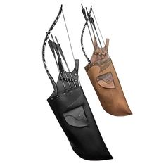 two different types of knives hanging from the side of a leather case with metal handles