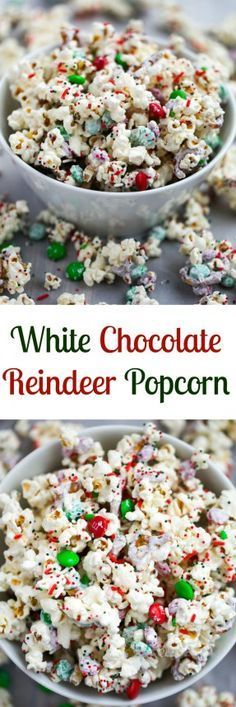 white chocolate reindeer popcorn in a bowl with candy sprinkles on the side