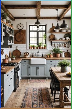 a kitchen filled with lots of counter top space next to a wooden table and chairs