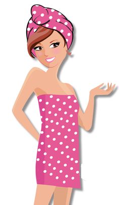 a woman wearing a pink polka dot towel