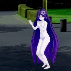 an animated image of a woman with long purple hair