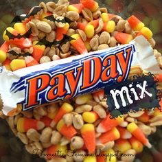 a candy bar with peanuts, carrots and corn on it that says payday mix