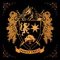 the family crest is gold and black with an eagle, dragon, and tree on it