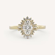 a yellow gold engagement ring with an oval cut diamond surrounded by smaller round brilliant diamonds