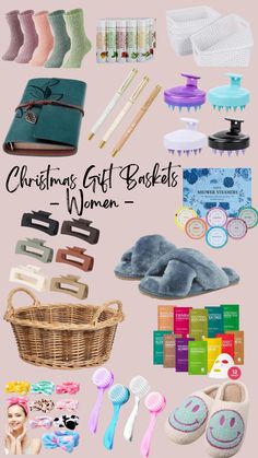 a bunch of different items that are on top of a pink background with the words christmas gift