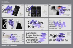 six different types of business brochures are shown in purple and black colors with the words creative brief on them