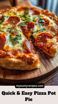 the pizza is cut into four pieces and ready to be served on the wooden platter