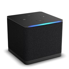 an image of a black speaker with blue light on the front and back side,