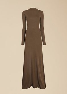 The Valera Dress in Toffee Khaite Marca Dress, Khaite Knitwear, Khaite Maddy Ribbed-knit Sweater, Luxury Knit V-neck Midi Dress, Brown V-neck Ribbed Dress, Toffee, Embossed Leather, Floor Length, Knit Dress