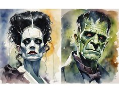 two watercolor paintings of the same character as dracula and his bride, one with green eyes